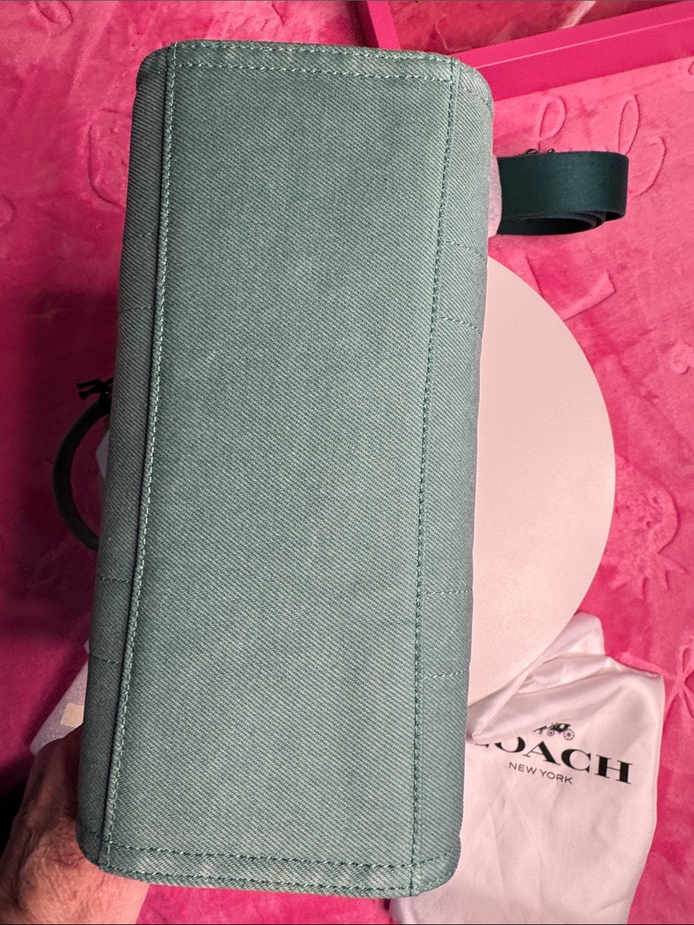 Coach 2557 Teal Denim Cargo Tote CBG46 Turnlock Snap Pockets Green Interior NWT - Picture 11 of 12